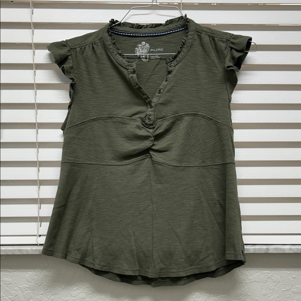 Pilcro Olive Green Ruffle Sleeve Gathered Henley Tank